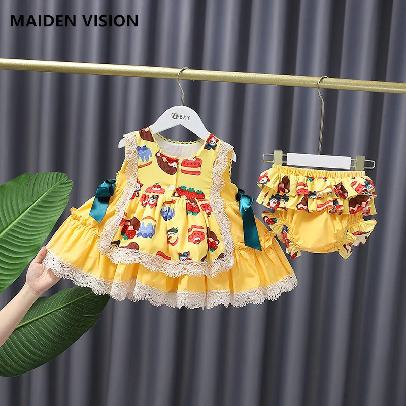

Spanish Lolita Baby Dress printing Girls Gowns Kids Child tutu Princess 1st Birthday Party Clothes New Born Girls Dresses yellow
