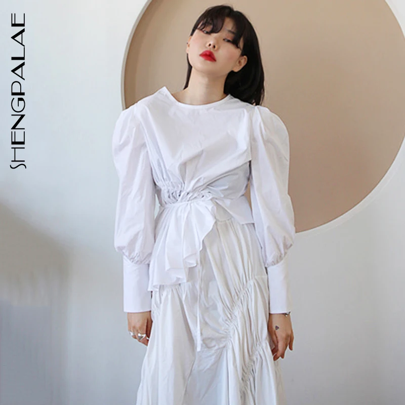 SHENGPALAE Асимметричная темпераментная рубашка с пышными рукавами + эластичная юбка