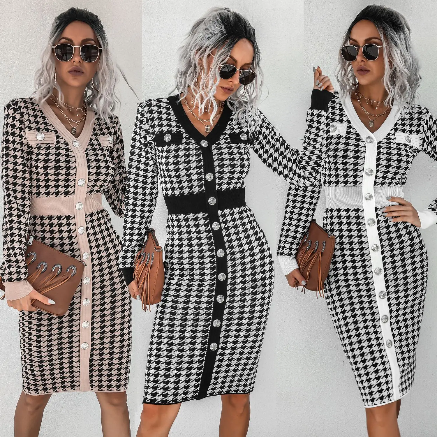 

women's Houndstooth Print Knit Dress autumn 2021 new Contrast Binding Buttoned fashion casual short dresses