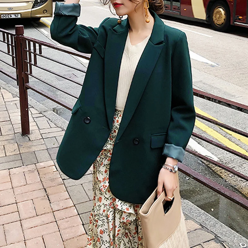 

Bella Philosophy Spring Women Dark Green Blazer Lady Korean Casual Double Breasted Blazers Female Long Sleeve Elegant Jacket