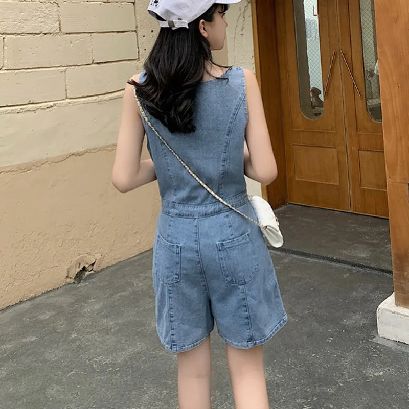 

2021 summer korean casual women Jumpsuit Denim Single-breasted Sleeveless denim wide-leg jumpsuit