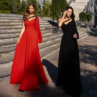 cheap chiffon evening dress one shoulder long sleeves beading pleat a line robe de soiree wedding party dresses prom gown