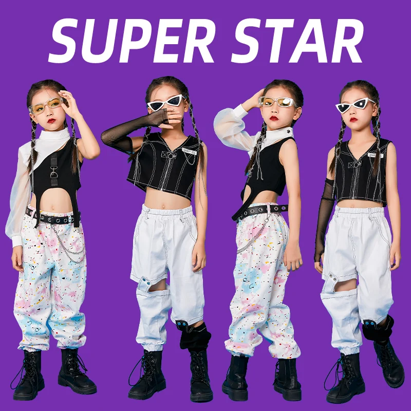 

Kids Jazz Performance Clothes Girls Leather Top Fringed Pants Cool Hip Hop Clothing Girl Street Dancing Outfits Dancewear XS3459