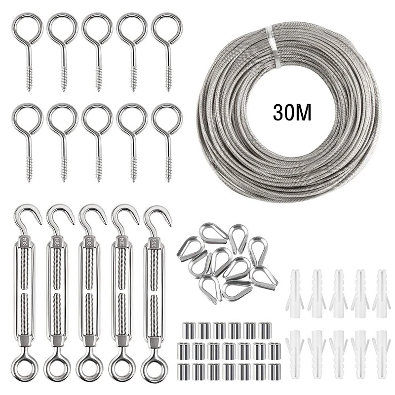 

56Pcs 30M Stainless Steel Wire Rope Set Outdoor Garden PVC Coated Cable Clothesline Hanging Kit