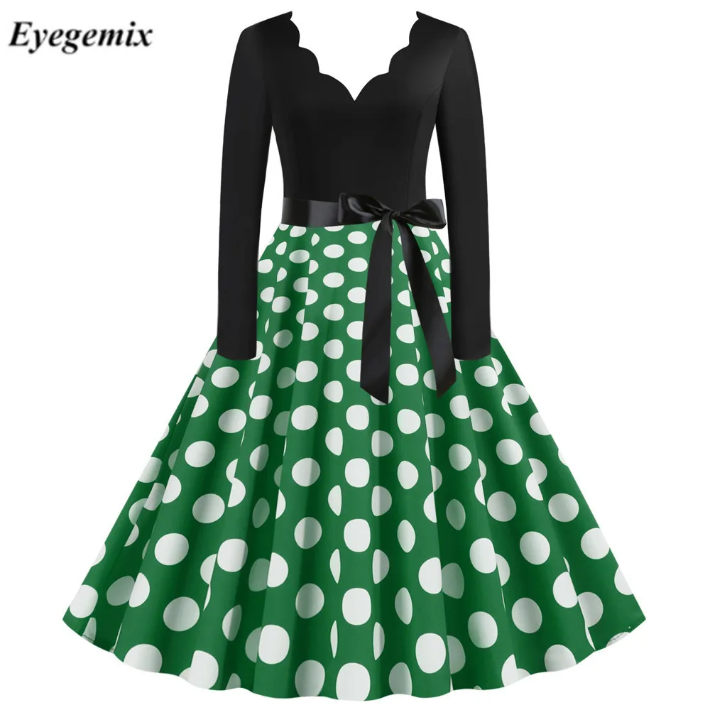 Женское винтажное платье в горошек с V-образным вырезом и длинным рукавом |