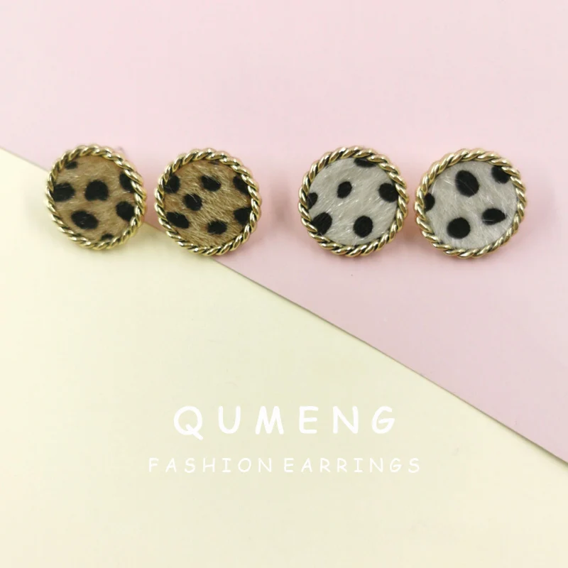 

Корейские модные сексуальные сережки-гвоздики из конского волоса с леопардовым принтом и круглыми пуговицами для женщин и девочек, геометр...