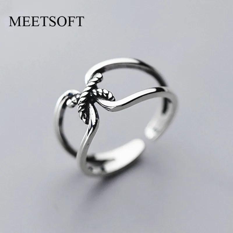 MEETSOFT Thai Silver Opening Ring With 925 Stamp For Women Simple Adjustable Retro Small Rope Knot Double Layer Jewelry Gift | Украшения и