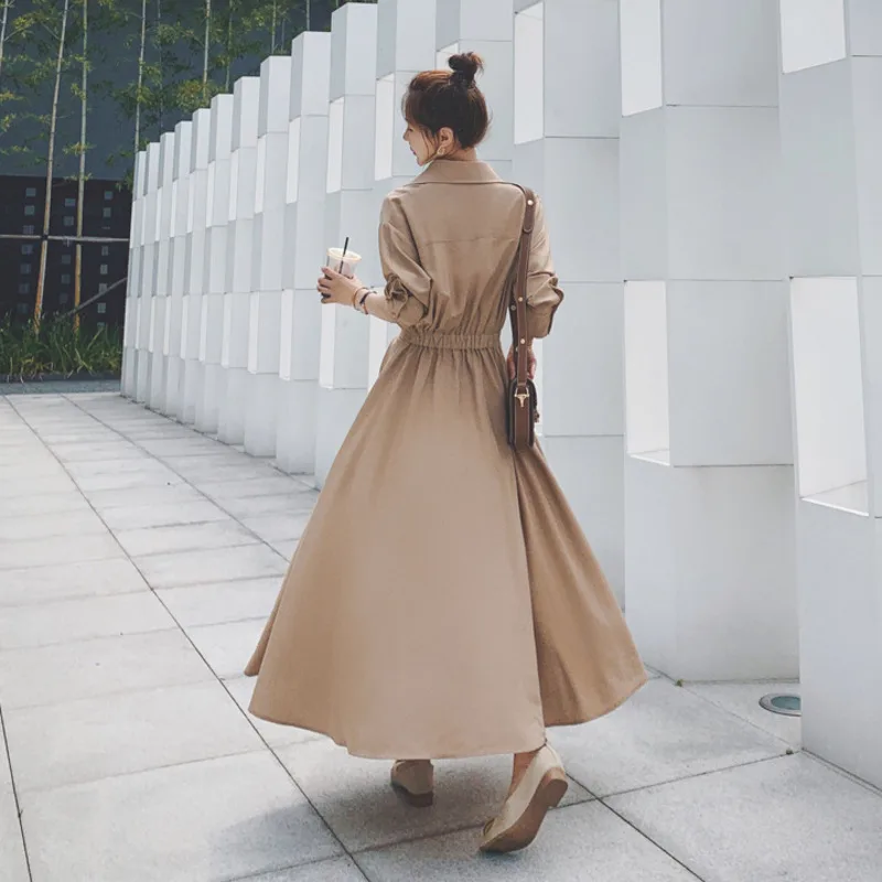 

2020 autumn elegant tight solid fit and flare pleated waist long sleeve ankle-length dress for women korean cloth V027