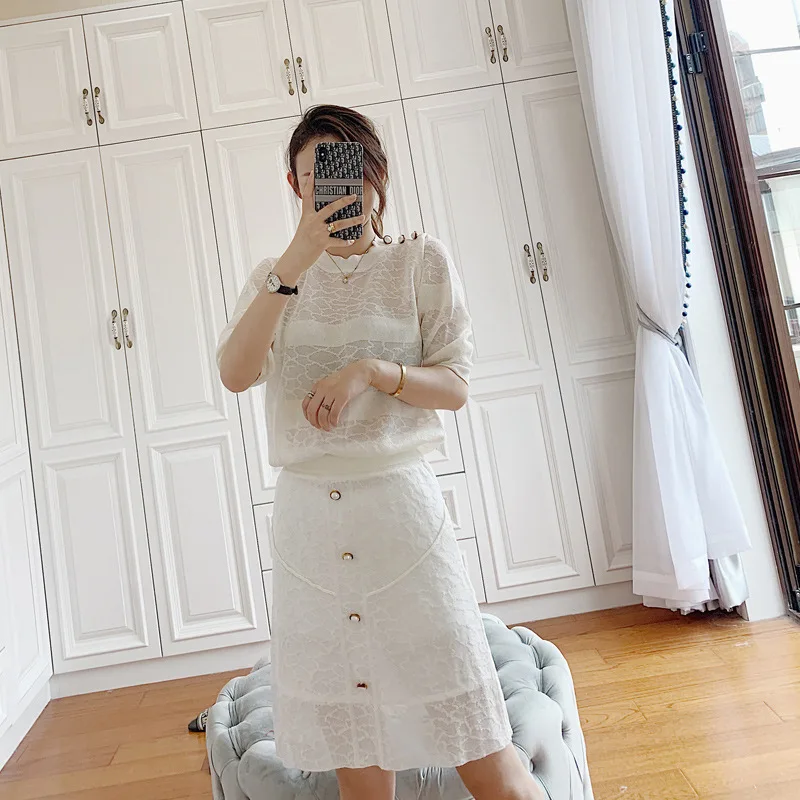 

Ice Silk Knitted Thin Cool Summer Women Skirt Two Pieces Sets Sexy Half Hollow Out Tops A Line Buttons Grid Elegant Skirt Sets