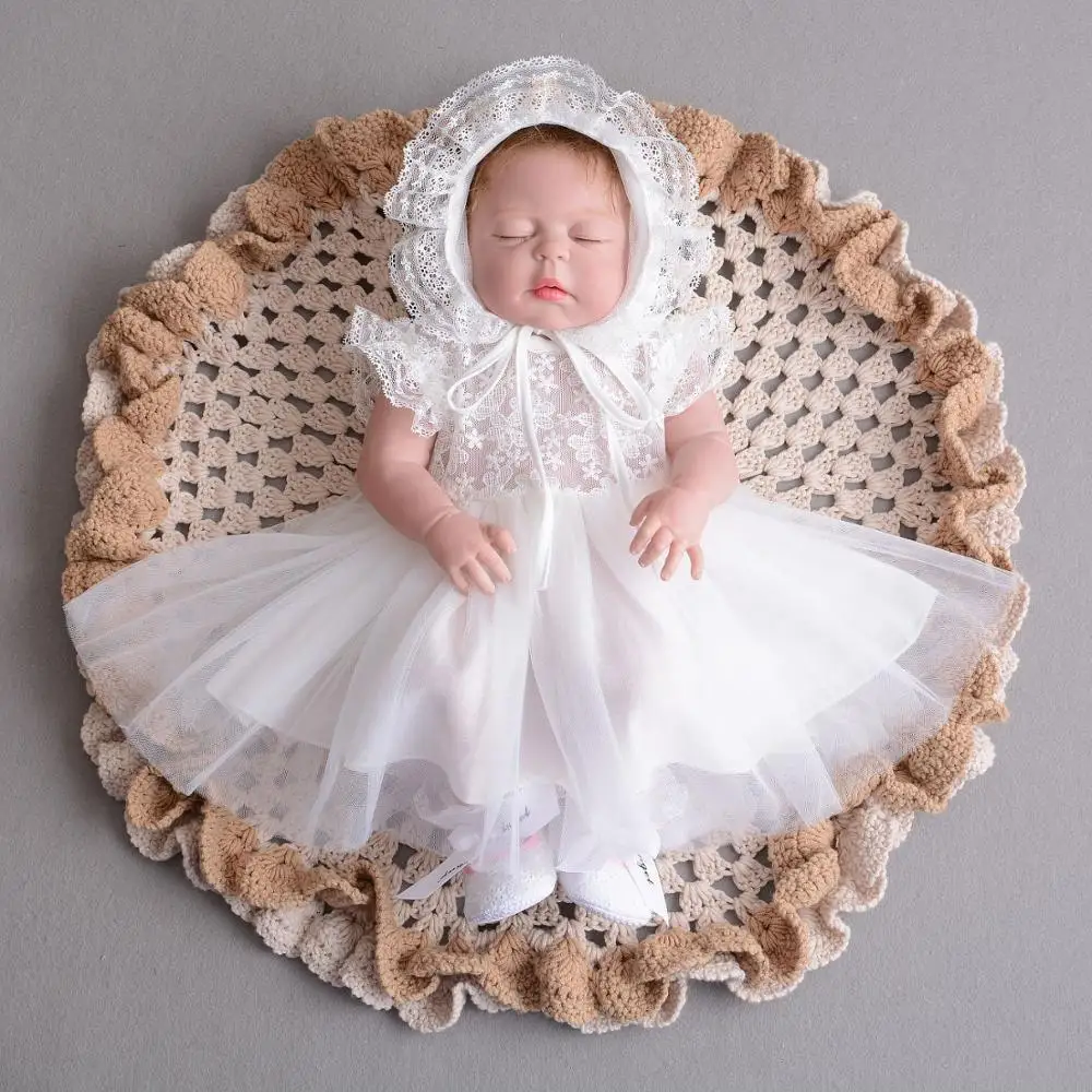 

Newborn Baby Dress Flower Girls Princess Sweet Party Dress Summer Christening Gown 0-2Y Hat Dress 2pcs White Clothing Set