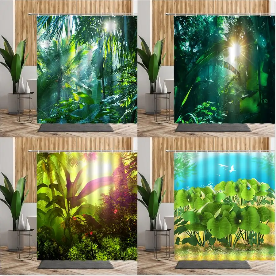 

Green Jungle Tropical Forest Bathroom Shower Curtain Palm Trees Rainforest Bathtub Screen Decors Waterproof Fabric Bath Curtains
