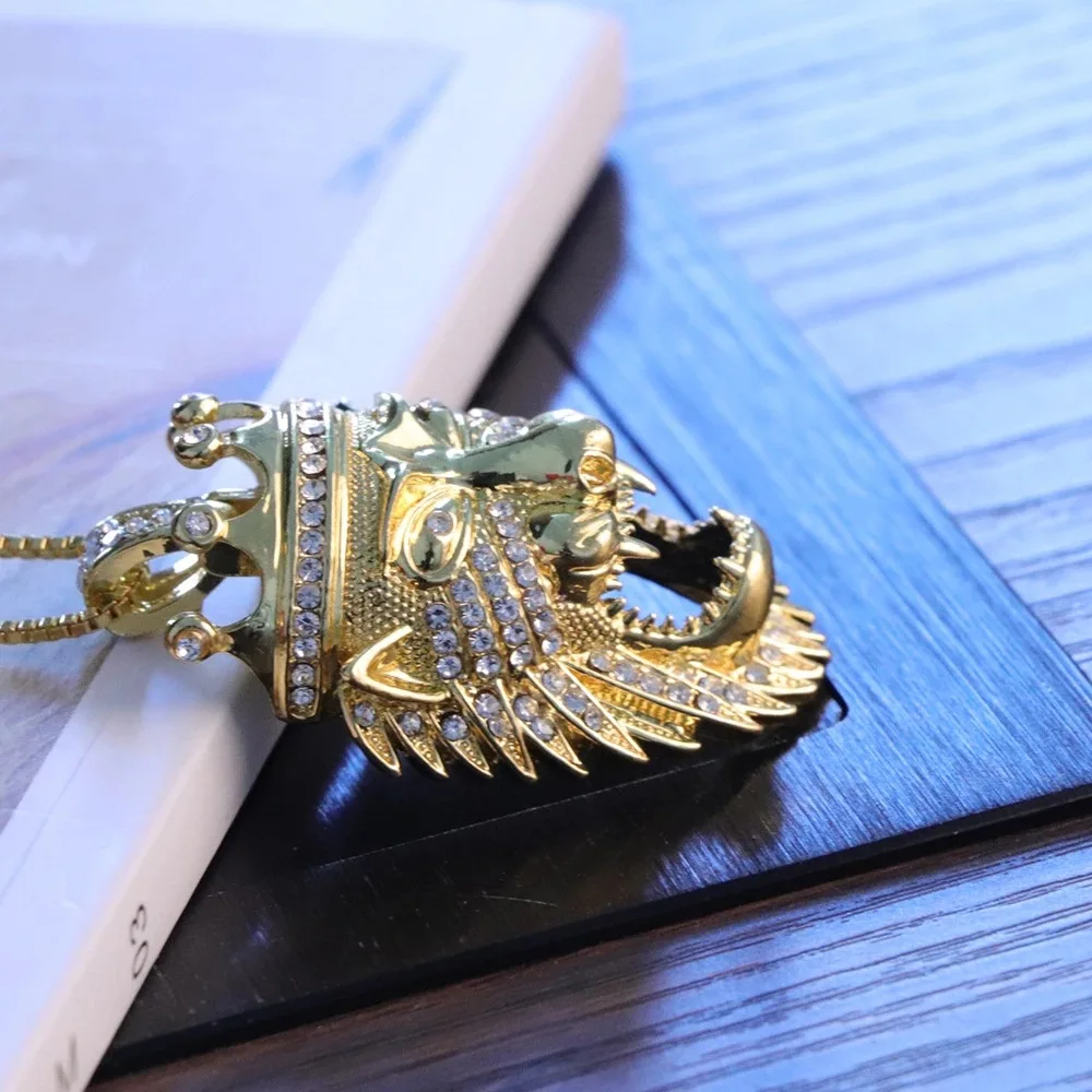 New Hip Hop Fashion Stainless Steel Golden Crown Lion Head Necklace Inlaid Cubic Zirconia Pendant Punk Jewelry Anniversary Gift