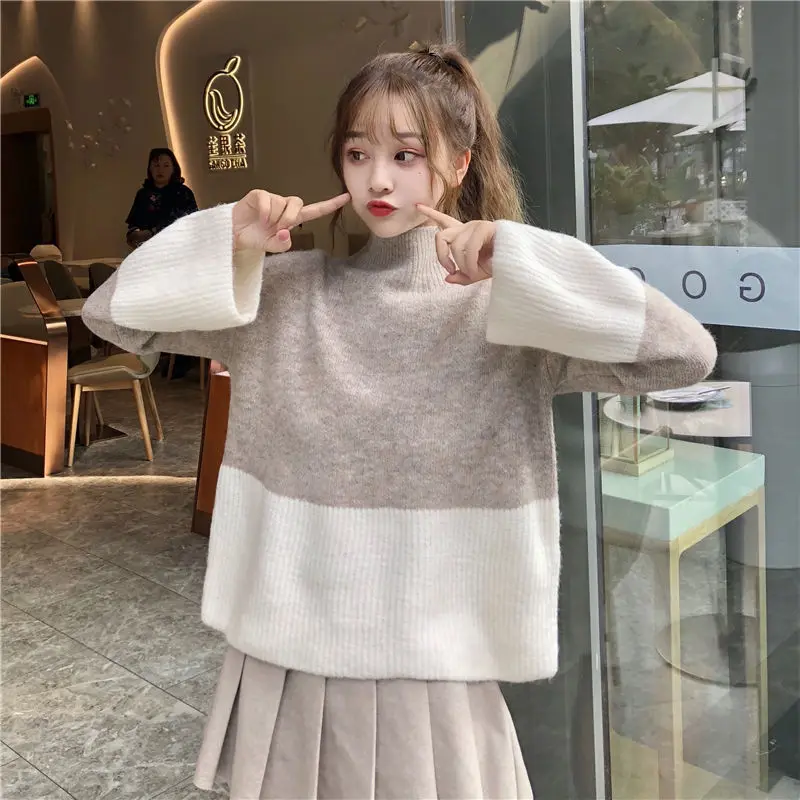 

Women 2020 Autumn Winter Fashion Loose Knitted Sweater Female Long Sleeve Pullovers Sweaters Ladies Casual Patchwork Tops P266