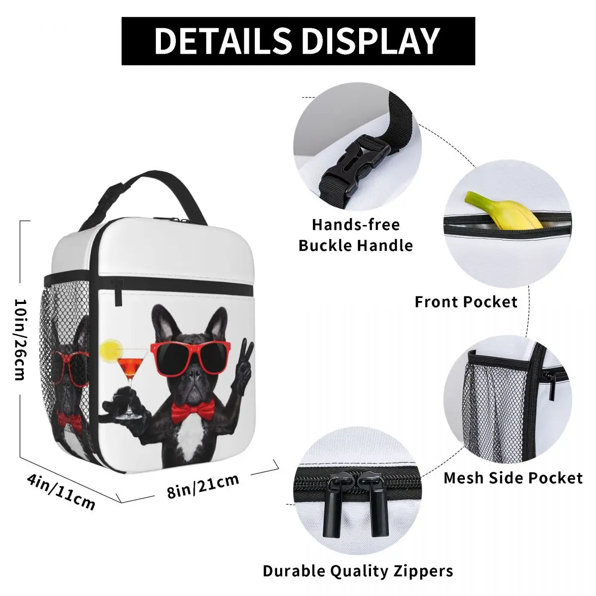 

French Bulldog Martini Cock Lunch Bag for Women Men Large Insulated Lunch Box with Water Bottle Holder and Pockets