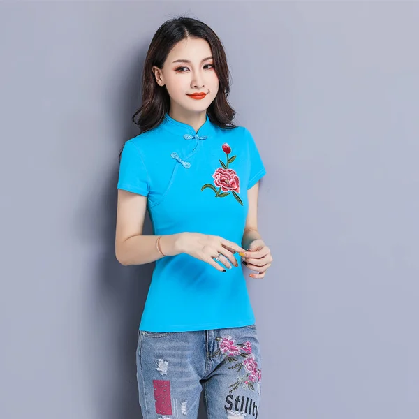 Женская футболка с вышивкой в китайском стиле винтажная Этническая пряжкой лето