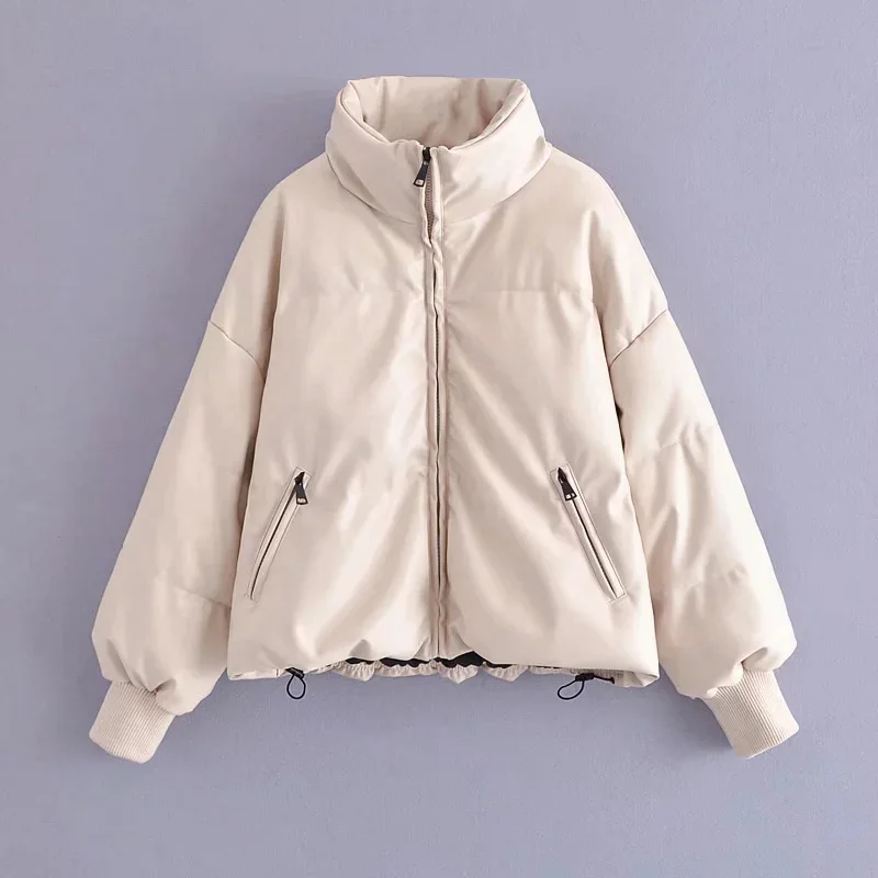 2021 Women's Winter Jacket Thick Leather Long Sleeve Parkas Puffer Woman Top Faux Women's Jacket Casual Beige Pu Padded Coats