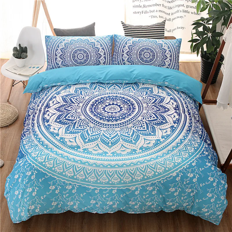 

Mandala Bedding Set Blue Bohemian Duvet Cover 3pcs Microfiber Boho Hippie Floral Comforter Set Queen King Size with Pillowcases