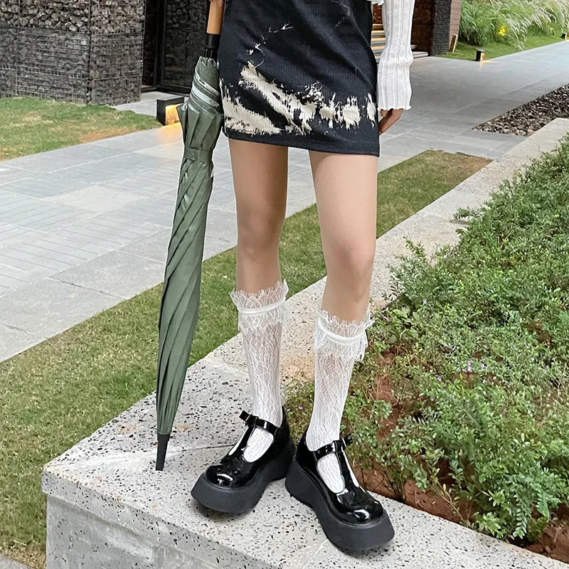 

Lolita Lace Long Women Socks White Tansparent Stockings Female High Knee Socks Woman Leg Dress Calcetine medias