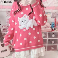 women sweaters kawaii girl autumn long sleeve round neck female pullover sweet cute puppies pink casual knitted tops jumper 2021