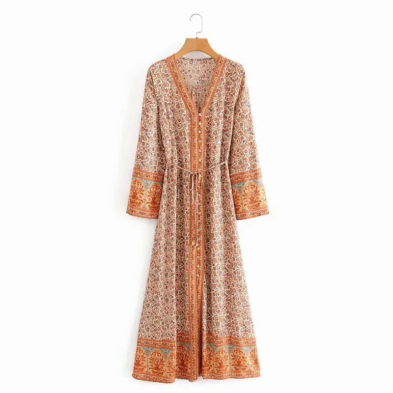 

Summer printed long dress with long sleeves and laced-up