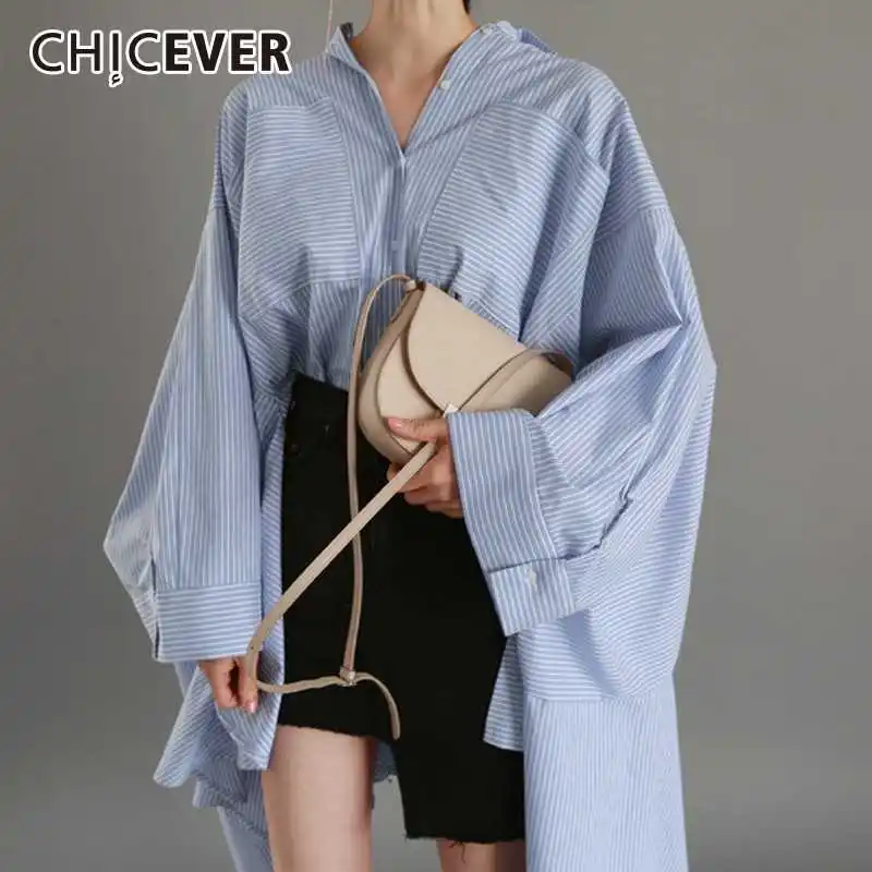 CHICEVER Striped Women Tops And Blouses Lapel Batwing Sleeve Loose Asymmetric Hem Ruffles Women's Shirts Korean Fashion Clothing | Женская
