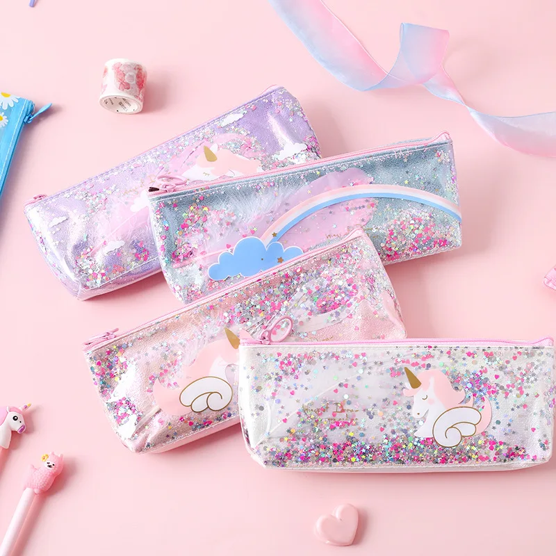 

Kawaii Unicorn flower Sequin large Pen Case Creative PVC Pencil box Cute Pencil Bag For Kids Gift School Supplies Pencilpouch