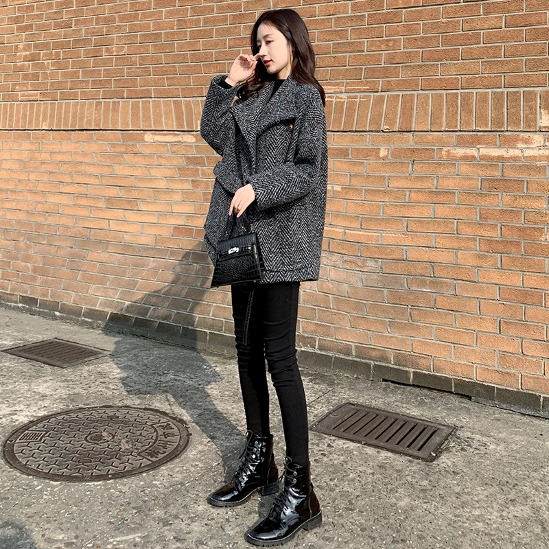

Vintage Plaid Wool Winter Coat Women Long Sleeve Warm Outwear Office Short Jacket Tops Female Overcoat Casaco Feminino