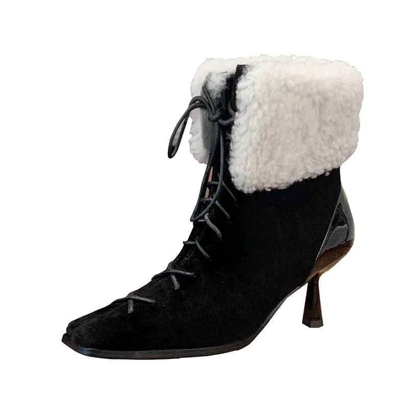 

Warm thick-fur sexy high heels snow boots winter designer shoes women fur headband 2020 trend real leather ankle boots ladies