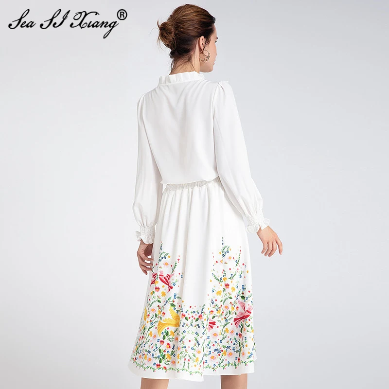 

Seasixiang Fashion Designer Spring Autumn Women's Set Long Sleeve shirt Tops + Floral Embroidery Skirts Two-piece set