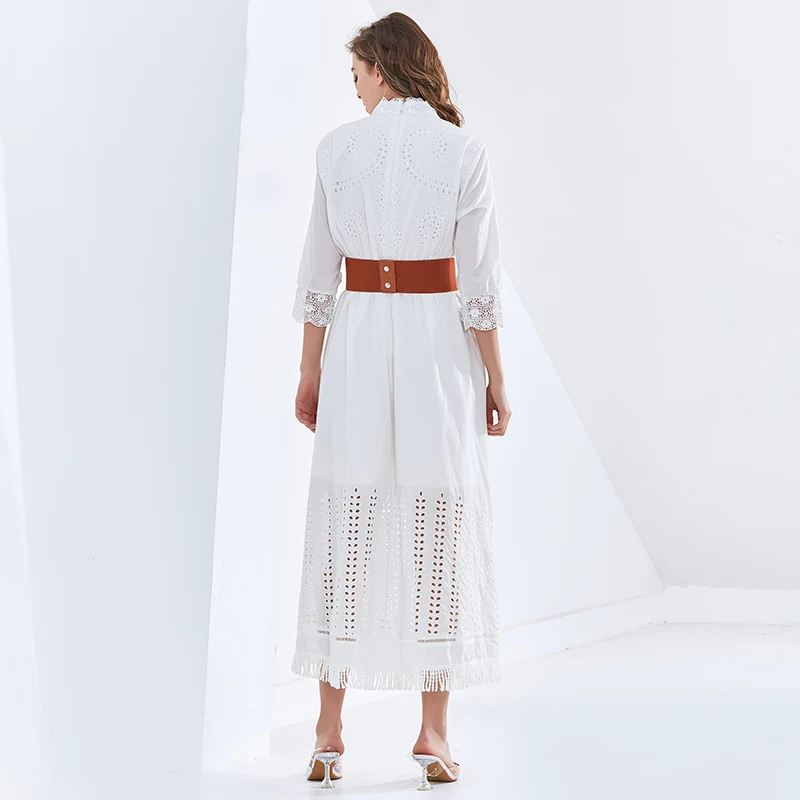 

TWOTWINSTYLE Elegant Patchwork Tassel Dress For Women Stand Collar Long Sleeve High Waist Sashes White Dresses Female Fashion