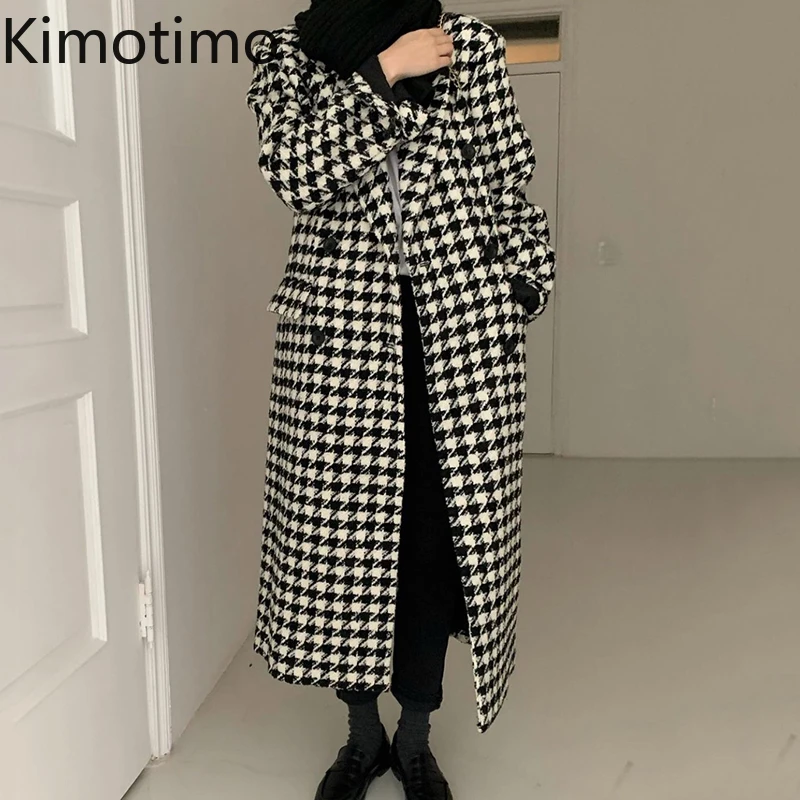 

Женское шерстяное пальто Kimotimo в стиле «гусиные лапки», французская темпераментная длинная куртка с английским воротником, модное осенне-зи...
