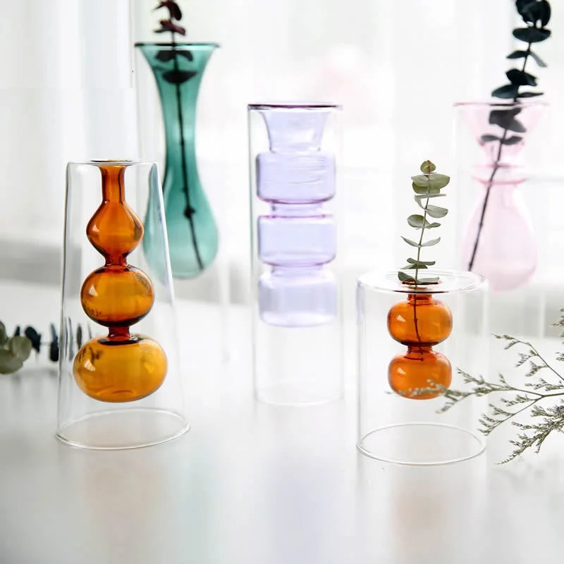 

2 Layer Stained Glass Vase Creative Hydroponic Flower Vases Desktop Terrarium Nordic Decoration Home Living Room Decoration