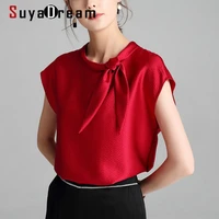 suyadream women solid t shirts 100silk satin bow collar batwing sleeved shirts 2022 summer elegant top