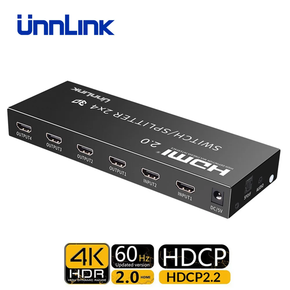 Unnlink HDMI 2,0 2 в 2/4 выход HDCP2.2 4 k@ 60Hz HDR HDMI переключатель сплиттер 2x2/4 оптический 3,5 мм аудио для ТВ проектора PS4 xbox