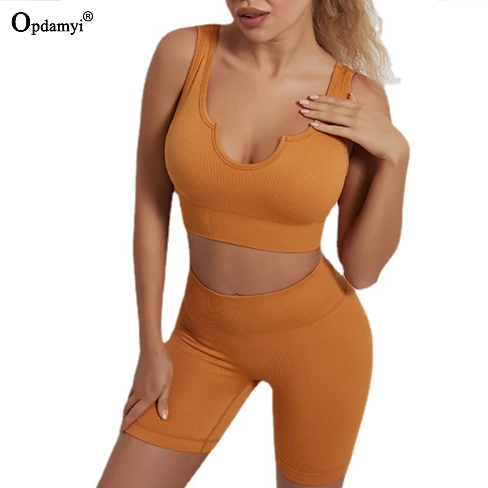 

Women's Sportswear Yoga Shorts Set Workout Clothes Ribbed Athletic Wear Gym Legging Seamless Fitness Bra Crop Top Vest Yoga Suit