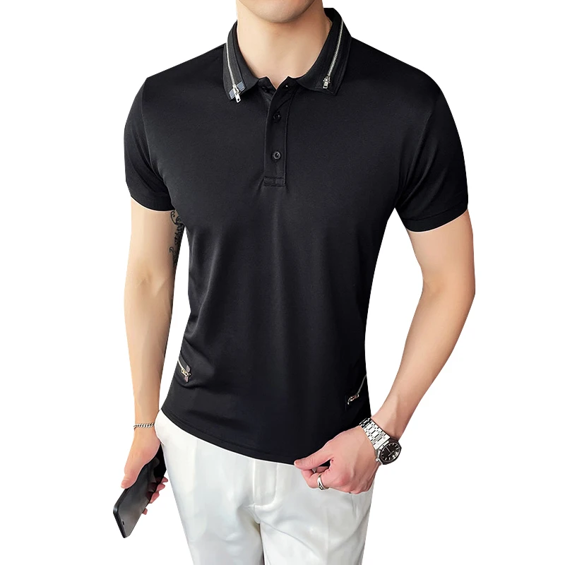 

2021 Summer Fashion British Zipper Stitching Polo Shirt Men Solid Color Simple Breathable Polo Social Club Outfits Mannen Polo