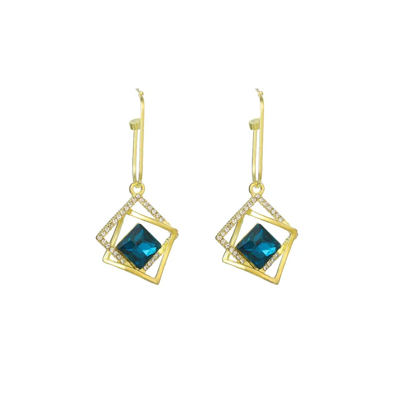 

New Blue Crystal Gem Earrings For Female Fashion Style Hollow Geometric Earrings S925 Silver Needle Jewelry Gift