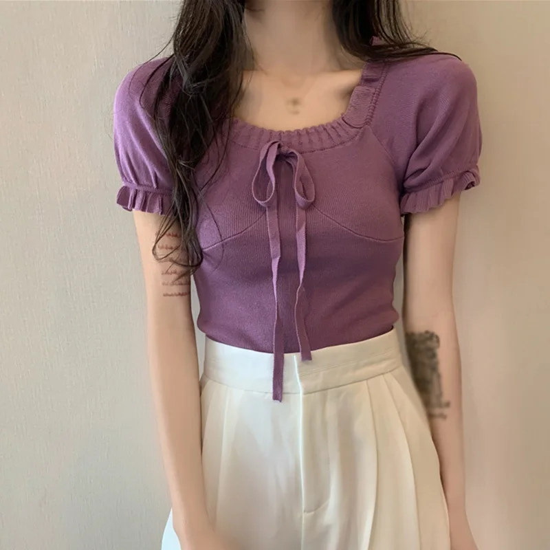 

DAXIN Summer Women T Shirts Square Collar Casual Sweet Top Ladies Slim Knitted Short Sleeve T-Shirt Female Crop Top Ladies Shirt