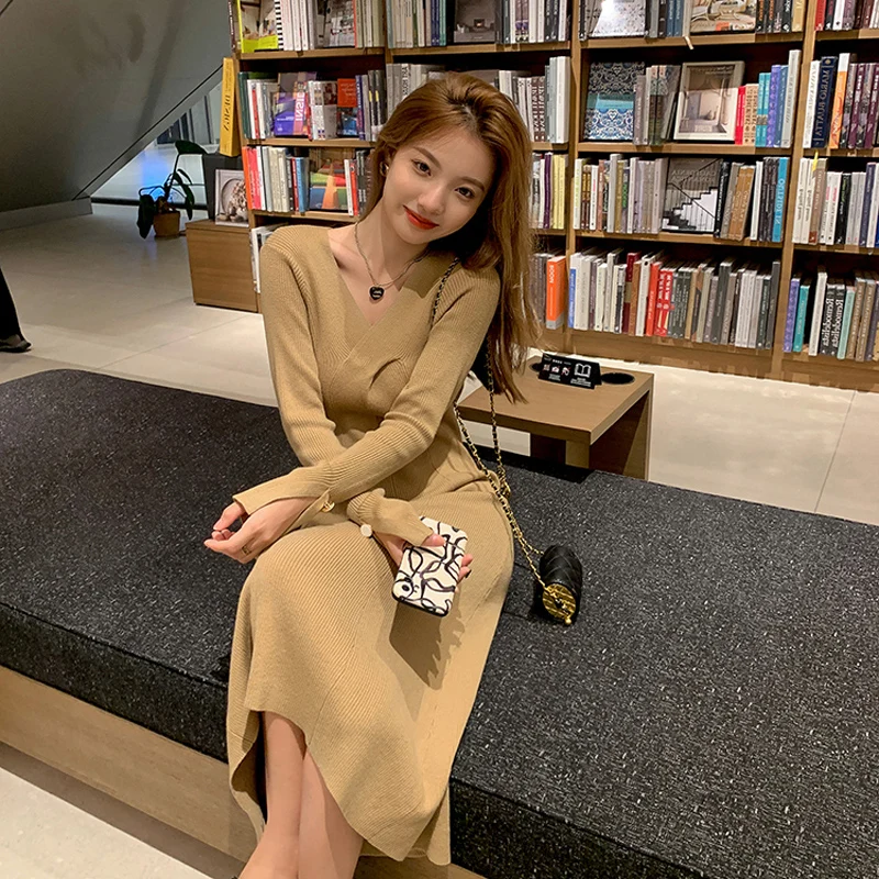 

2549# Autumn Winter Knitted Maternity Long Dress Chic Ins A Line Slim Clothes for Pregnant Women Sexy Hot Pregnancy Sweaters