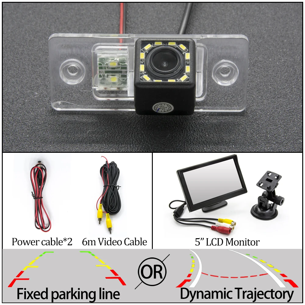 12LED And 5 inch LCD Для VW Bora Jetta Touareg Tiguan Passat B5 B6 Golf Polo Santana Автомобильная фиксированная или динамическая траектория обратная парковочная камера заднего вида - Название цвета: 12LED And 5 inch LCD
