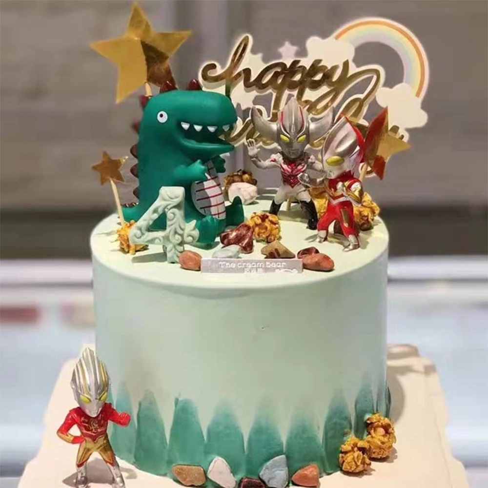 

Dinosaur birthday cake decoration ornaments Ultraman dinosaur fight monster scene cake decoration ornaments