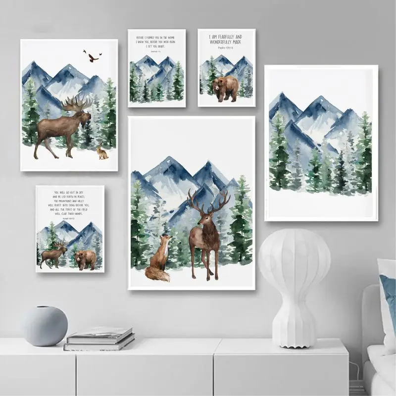 Картина на холсте с изображением гор леса оленя медведя волка пейзаж