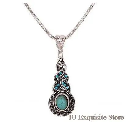 

1 Pc Blue Crystal & Round Turquoise Pendant Warp Design Chain Tibetan Silver Necklace Jewelry