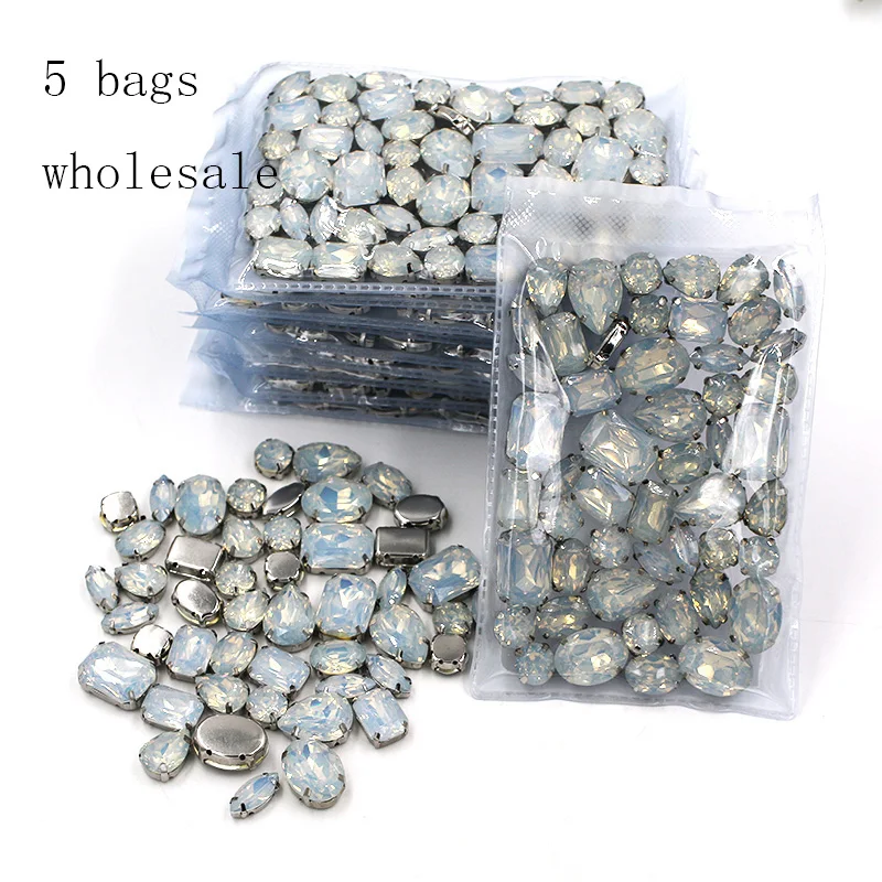 

New Wholesale 5 bags mixed shape White rhinestones Resin silver base sew on rhinestones for Clothing accessories