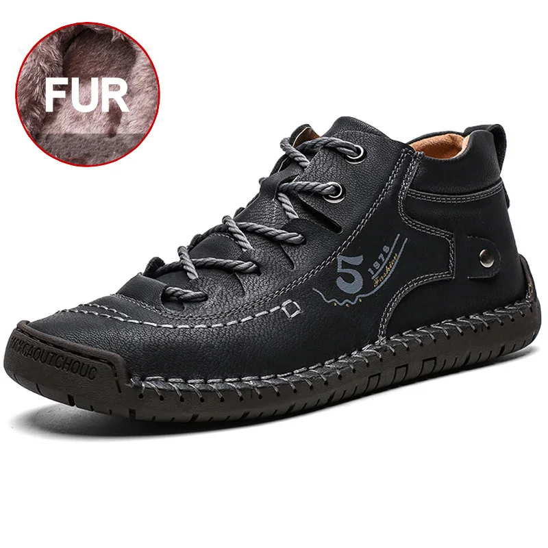 black fur Новая удобная мужская кожаная обувь мужская обувь высокого качества, сшитая вручную модная Уличная обувь мужская обувь больших размеров 39-48 - Цвет: black fur