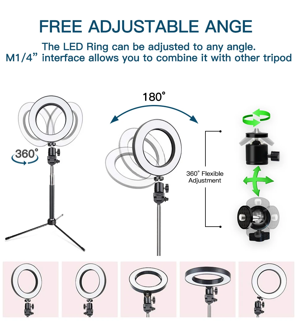 Кольцевой светильник студийный портативный диаметром 6 дюймов со штативом и