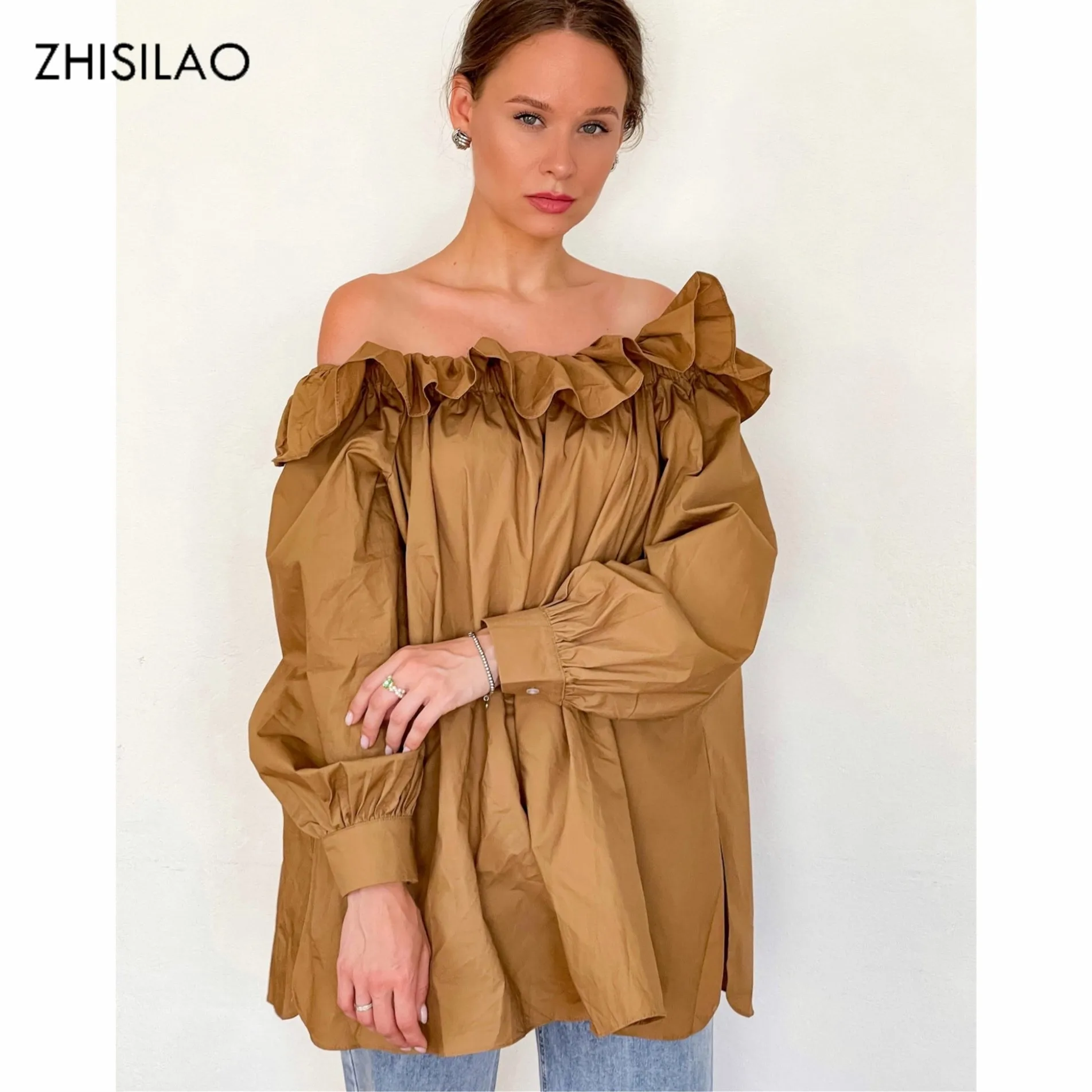 

Винтажная блузка ZHISILAO с разрезом и воротником-лодочкой, женские элегантные хаки рубашки с длинным рукавом, женские осенние Топы с открытыми...