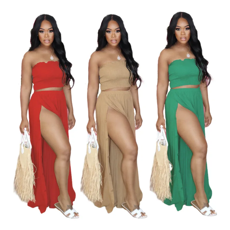 

Women Solid Color Strapless Crop Top High Waist Elastic Button Split Crop Tops Pants Two Pieces Set Female Fashion Party Outfits