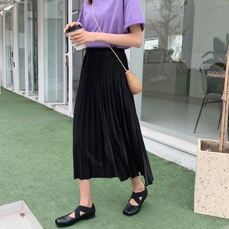 

Elegant Solid Midi Pleated Skirt Women 2020 Autumn Winter Ladies Korean Red Black High Waist School Long Skirt Female