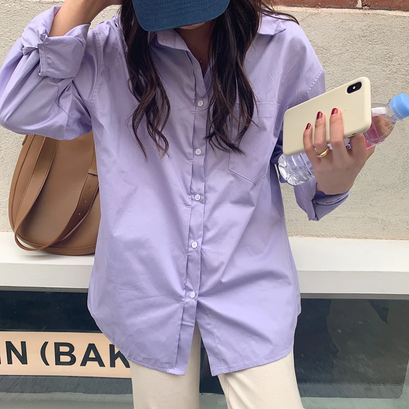 

Korean Chic Gentle Temperament Vigorous Girl White Solid Color Lapel Long Sleeve Single-Breasted Shirt Long Sleeve Shirt Fashion
